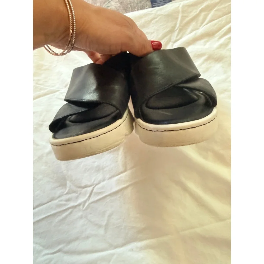 Born Black Leather‎ Crisscross Platform Slide Sandals BR0004803 Women 8M